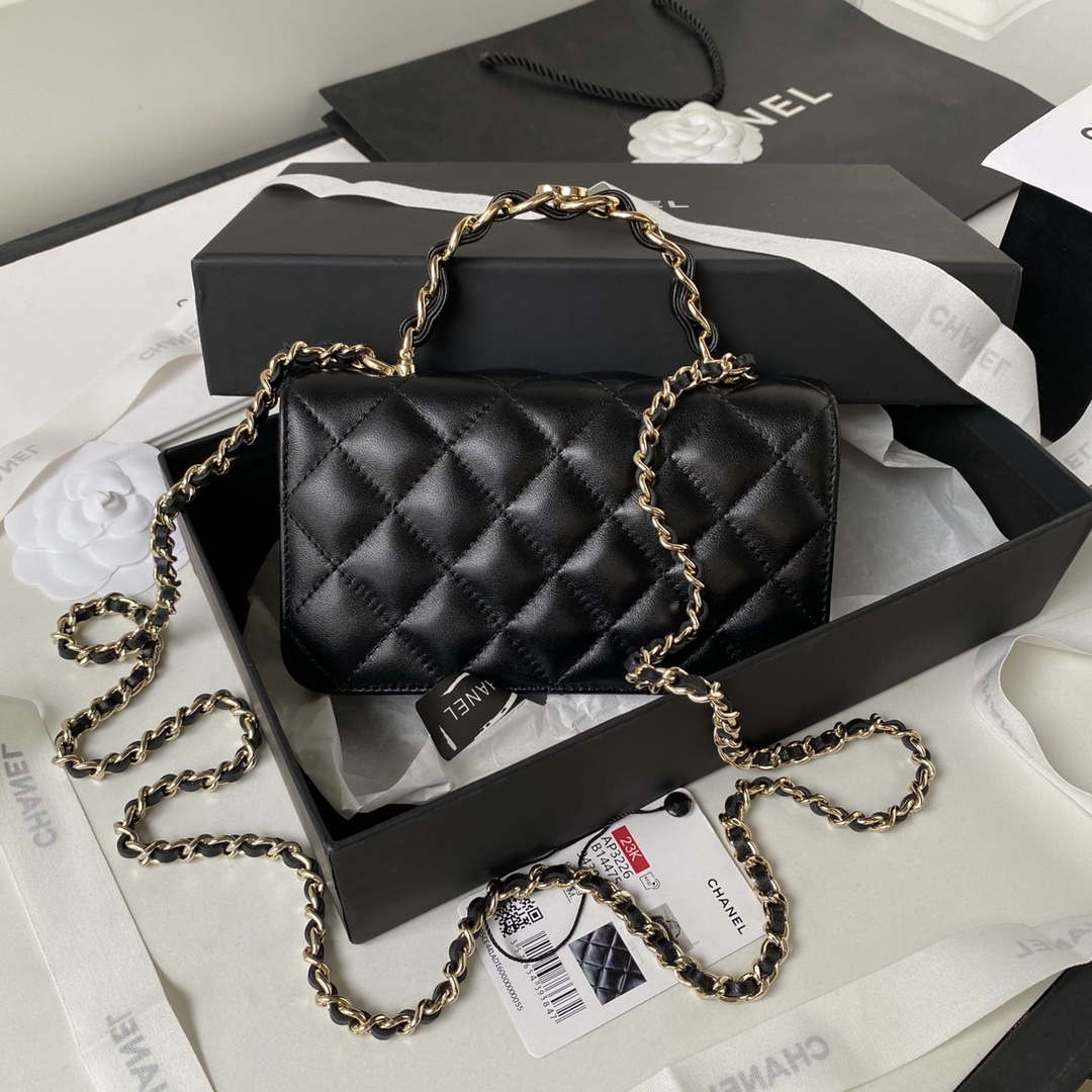 Chanel Phone Holder with Chain CC  Lambskin & Gold-Tone Metal AP3226 Black
