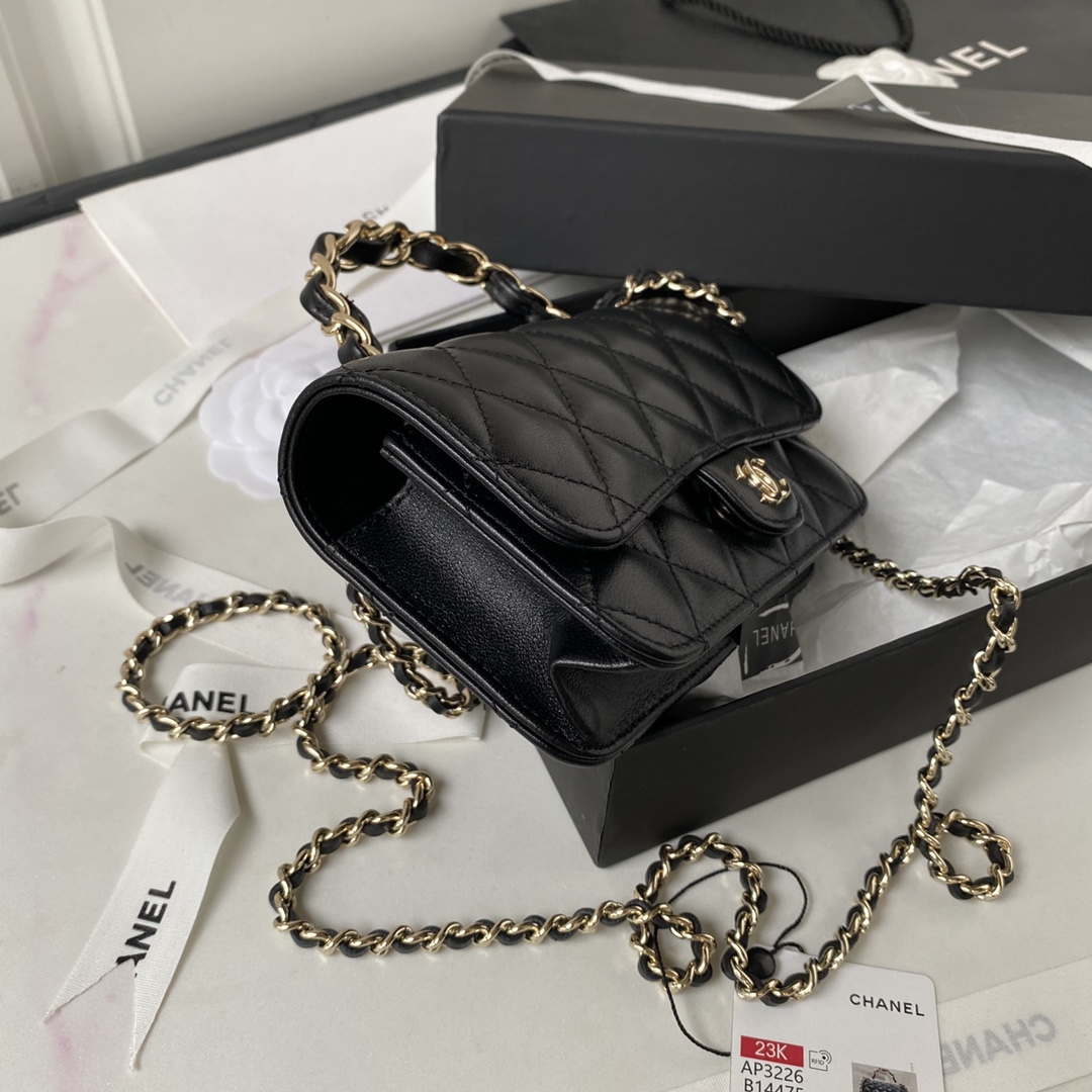 Chanel Phone Holder with Chain CC  Lambskin & Gold-Tone Metal AP3226 Black