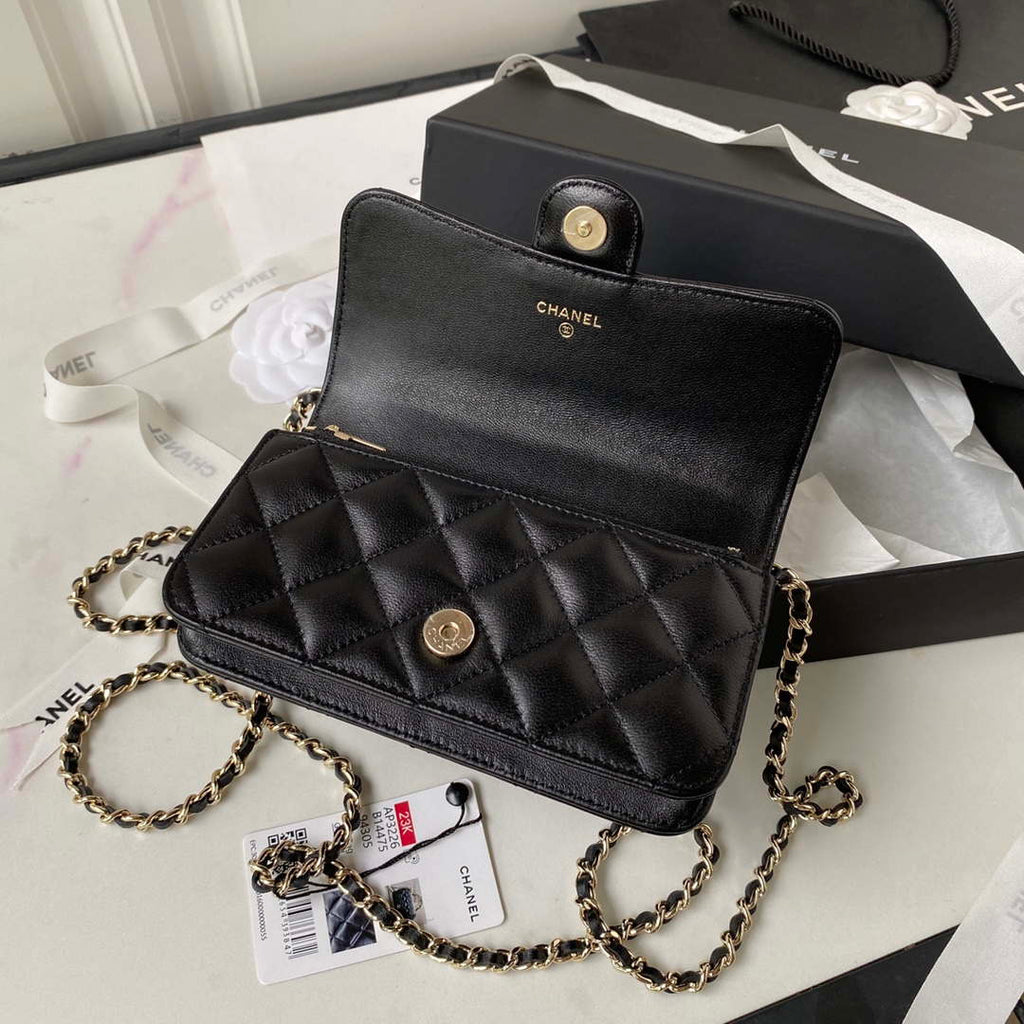 Chanel Phone Holder with Chain CC  Lambskin & Gold-Tone Metal AP3226 Black