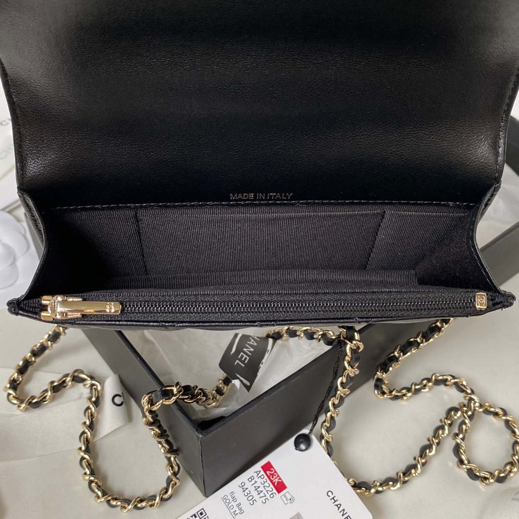 Chanel Phone Holder with Chain CC  Lambskin & Gold-Tone Metal AP3226 Black