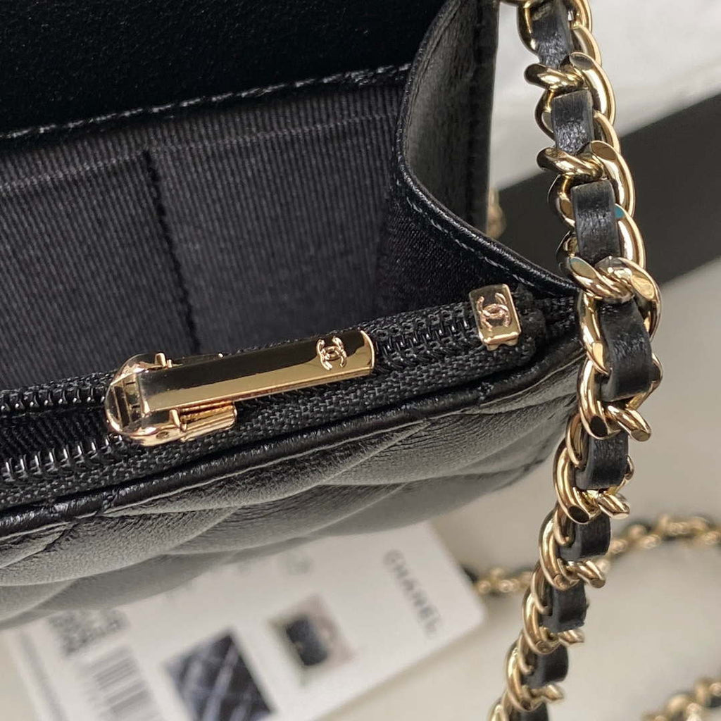 Chanel Phone Holder with Chain CC  Lambskin & Gold-Tone Metal AP3226 Black