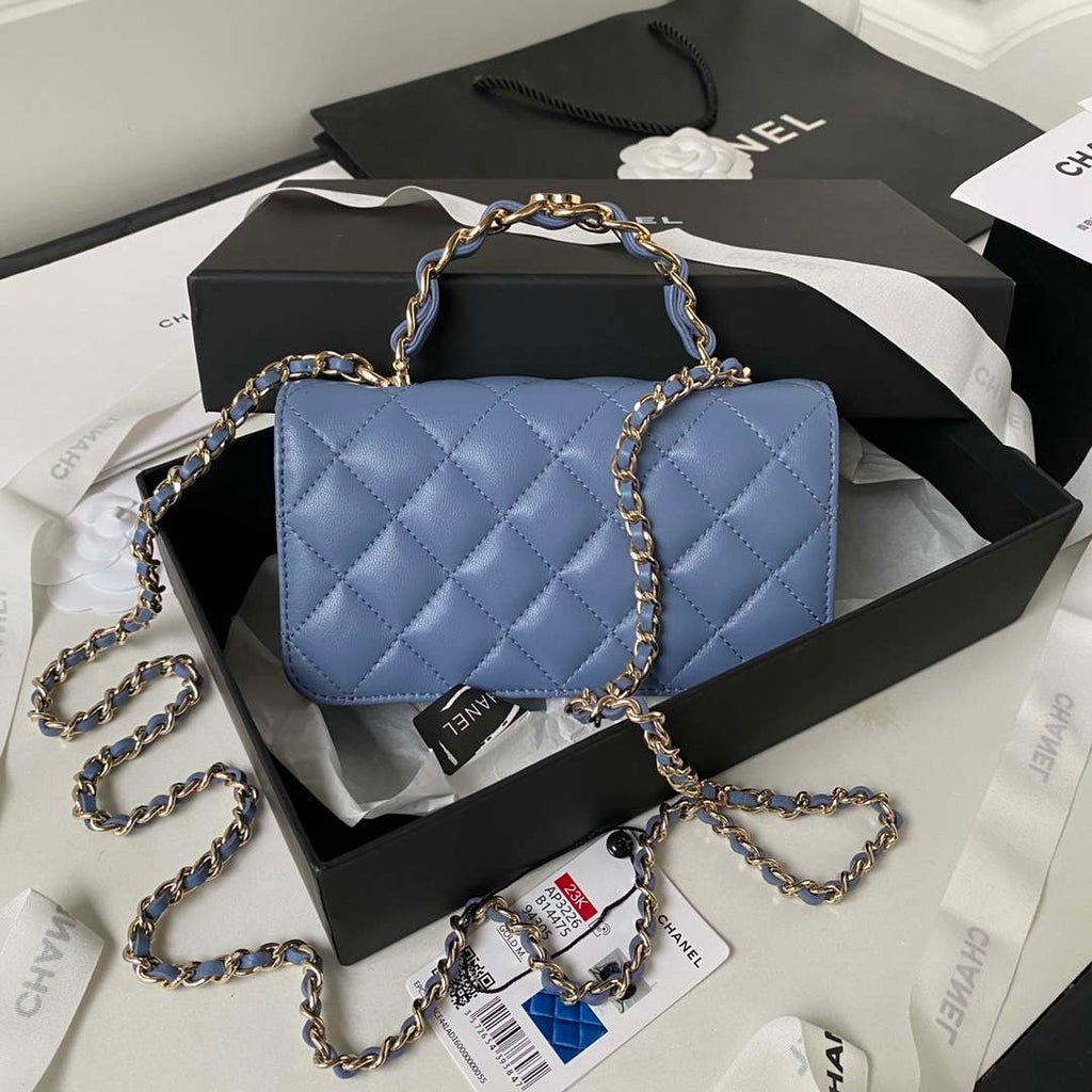Chanel Phone Holder with Chain CC Lambskin & Gold-Tone Metal AP3226 Blue