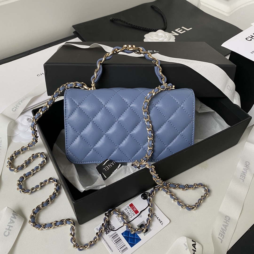 Chanel Phone Holder with Chain CC Lambskin & Gold-Tone Metal AP3226 Blue - Default Title - View 2