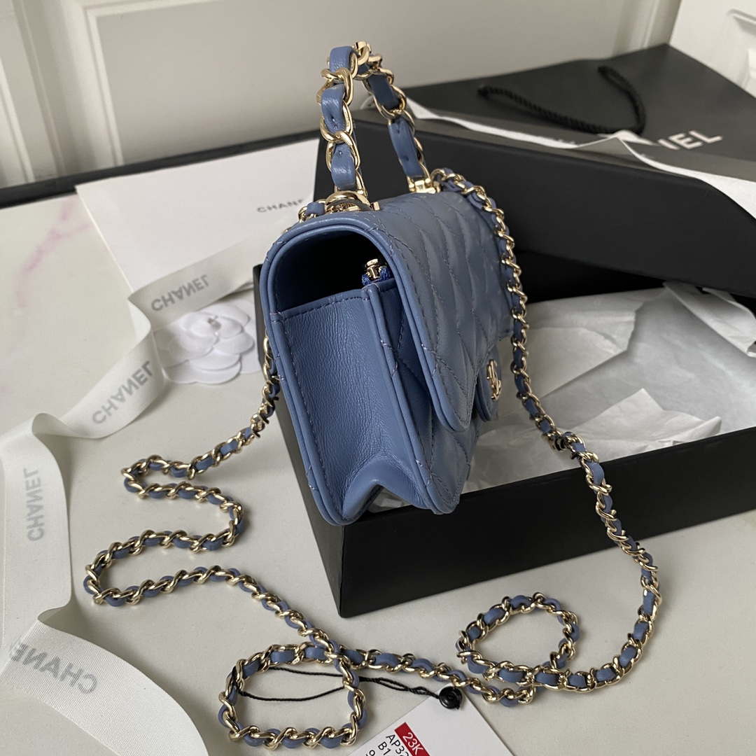 Chanel Phone Holder with Chain CC Lambskin & Gold-Tone Metal AP3226 Blue