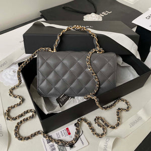 Chanel Phone Holder with Chain CC Lambskin & Gold-Tone Metal AP3226 Gray - Default Title - View 1