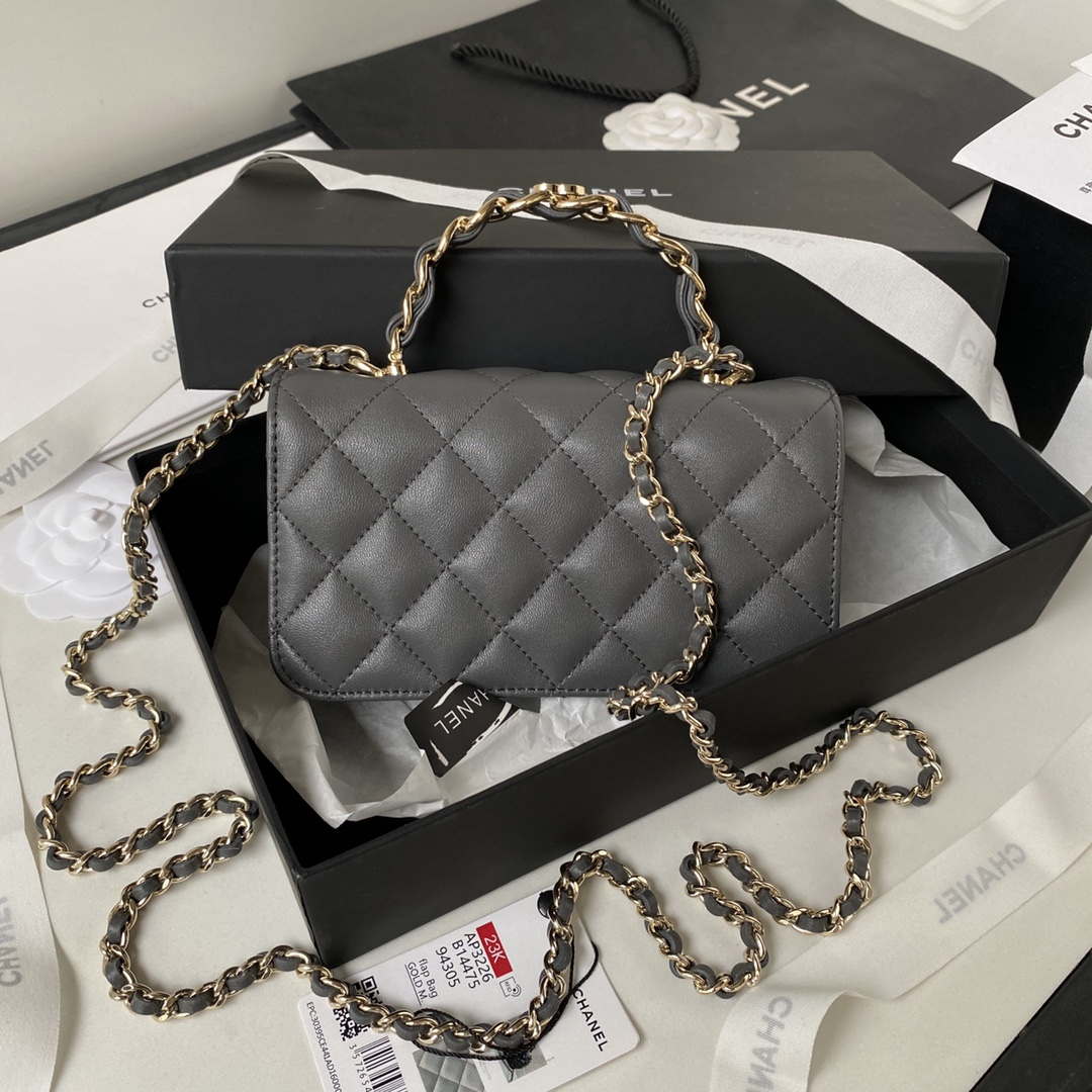 Chanel Phone Holder with Chain CC Lambskin & Gold-Tone Metal AP3226 Gray