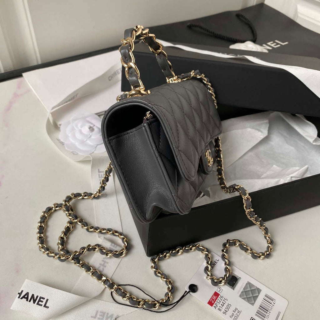 Chanel Phone Holder with Chain CC Lambskin & Gold-Tone Metal AP3226 Gray