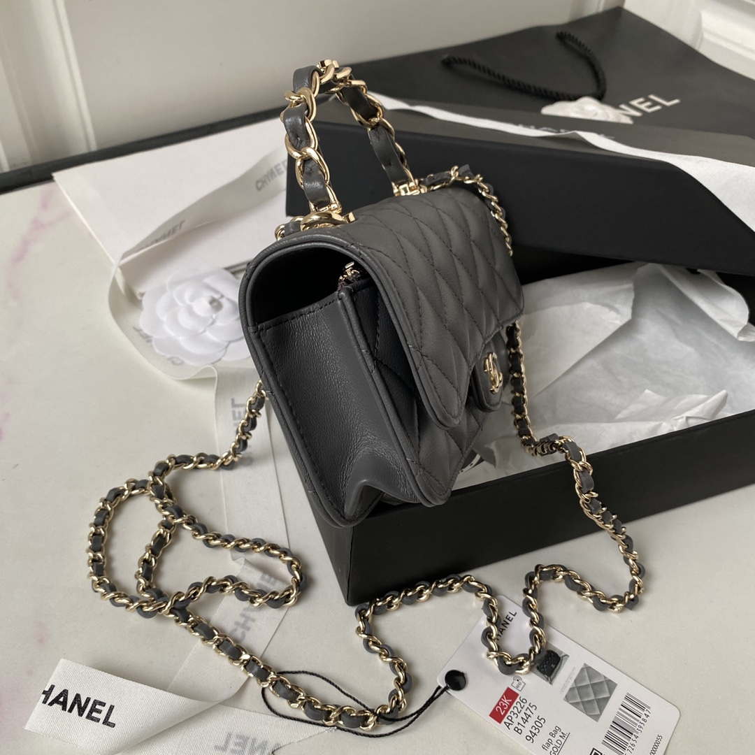 Chanel Phone Holder with Chain CC Lambskin & Gold-Tone Metal AP3226 Gray - Default Title - View 4