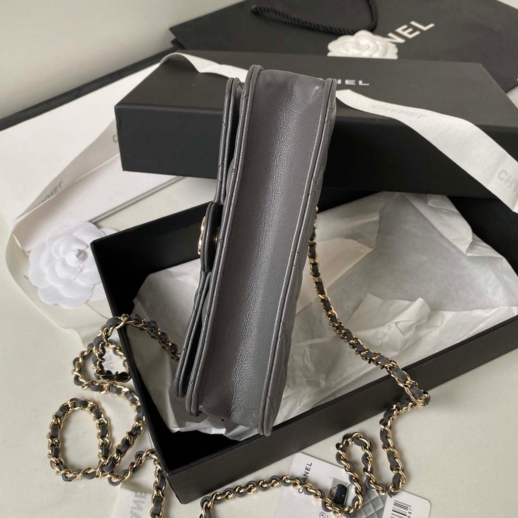 Chanel Phone Holder with Chain CC Lambskin & Gold-Tone Metal AP3226 Gray