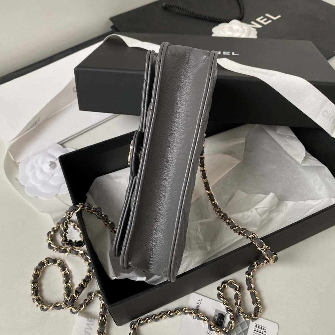 Chanel Phone Holder with Chain CC Lambskin & Gold-Tone Metal AP3226 Gray