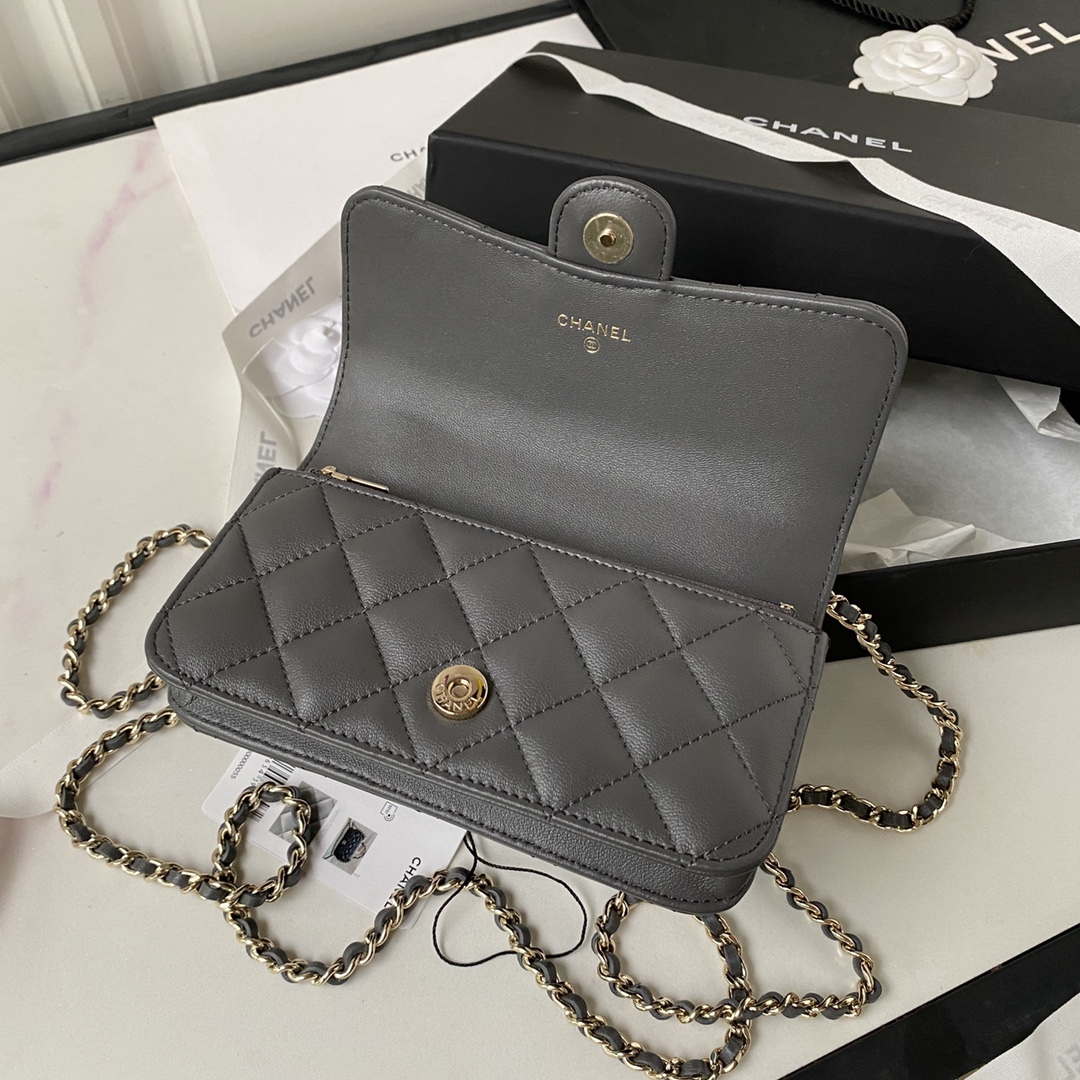 Chanel Phone Holder with Chain CC Lambskin & Gold-Tone Metal AP3226 Gray