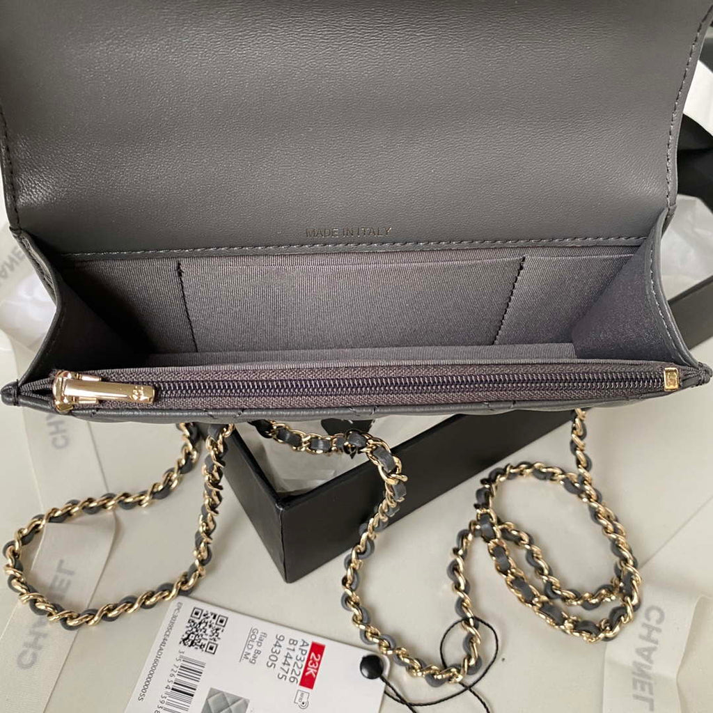 Chanel Phone Holder with Chain CC Lambskin & Gold-Tone Metal AP3226 Gray