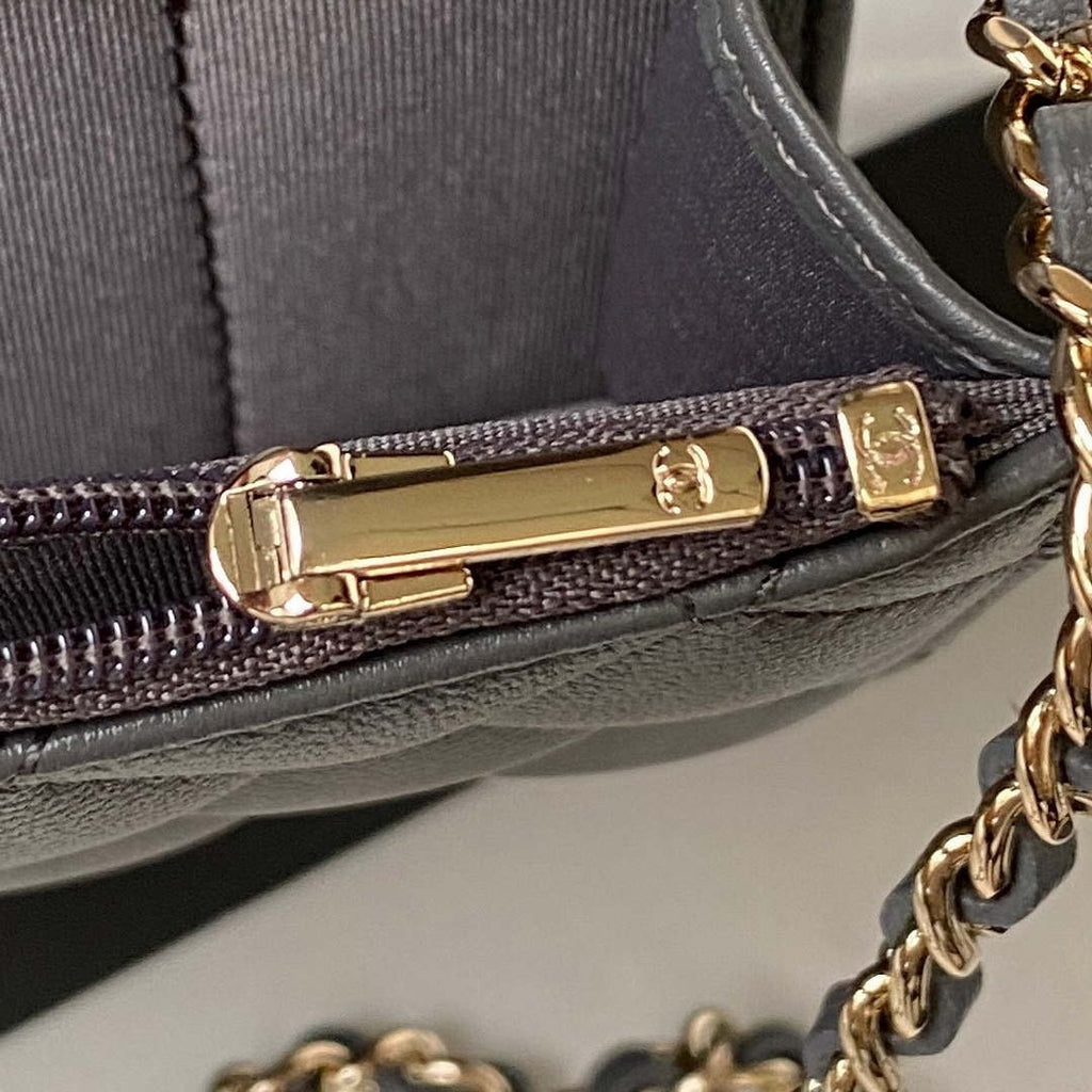 Chanel Phone Holder with Chain CC Lambskin & Gold-Tone Metal AP3226 Gray