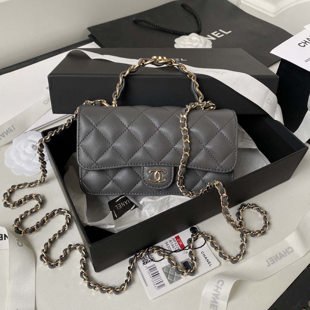 Chanel Phone Holder with Chain CC Lambskin & Gold-Tone Metal AP3226 Gray - Default Title - View 9