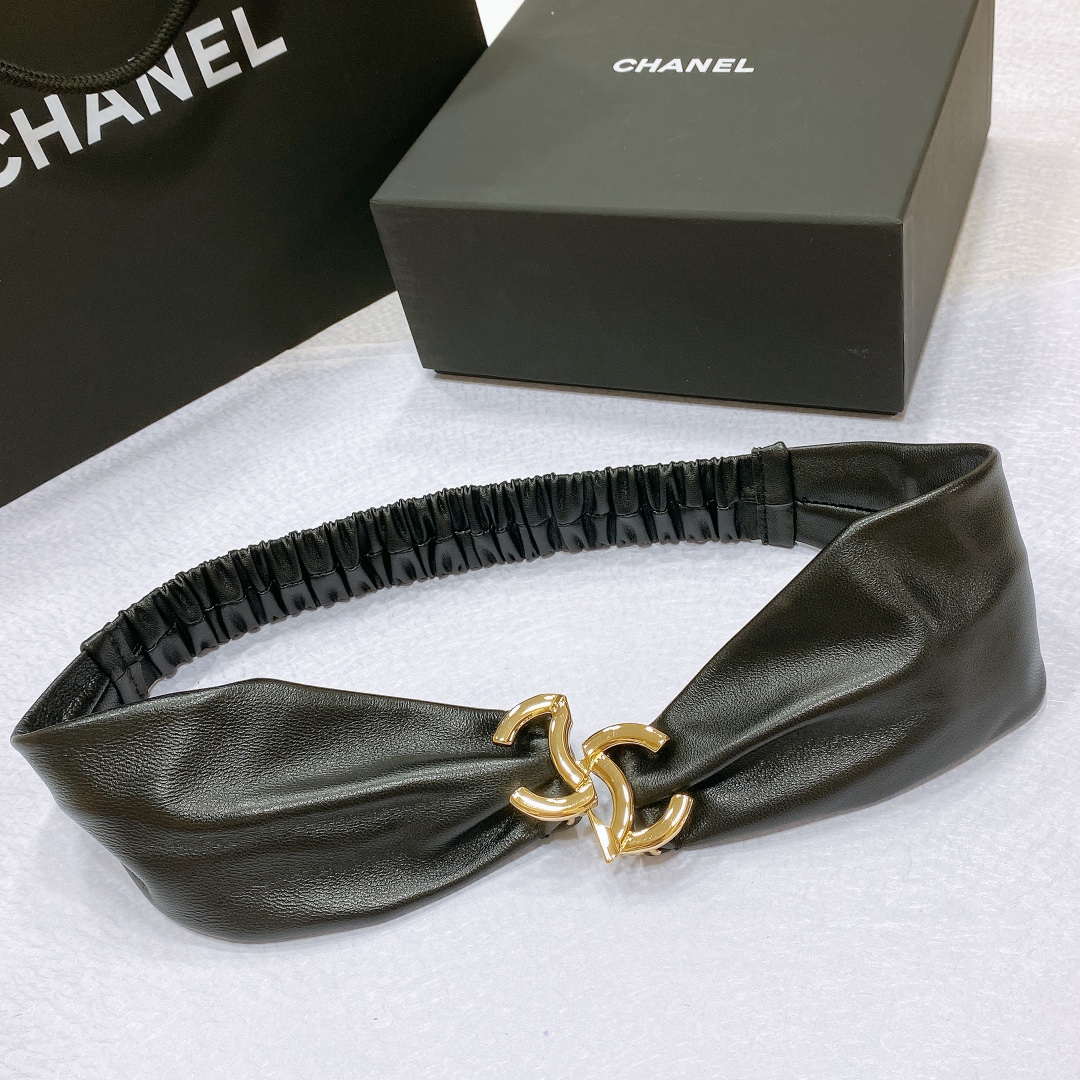 Chanel polished CC brass buckle Sheepskin elastic belt AA0936
