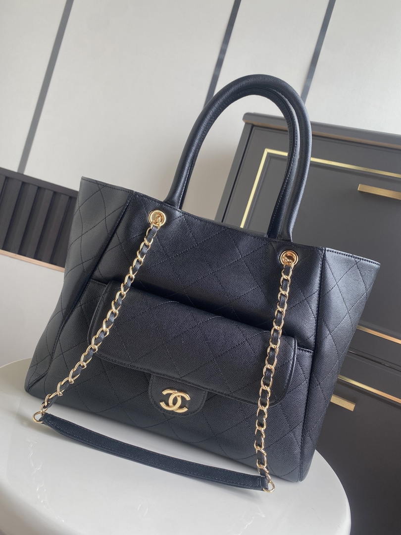 Chanel Shopping Bag Grained Calfskin & Gold-Tone Metal  AS6024 Black