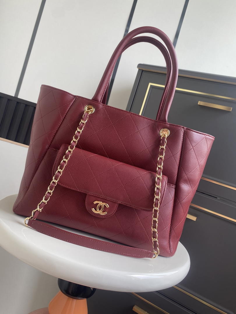 Chanel Shopping Bag Grained Calfskin & Gold-Tone Metal  AS6024 Red