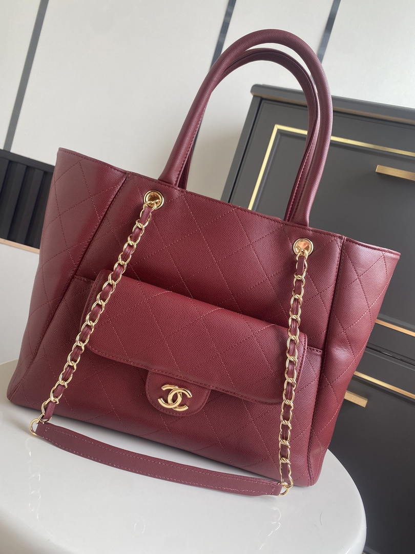 Chanel Shopping Bag Grained Calfskin & Gold-Tone Metal  AS6024 Red