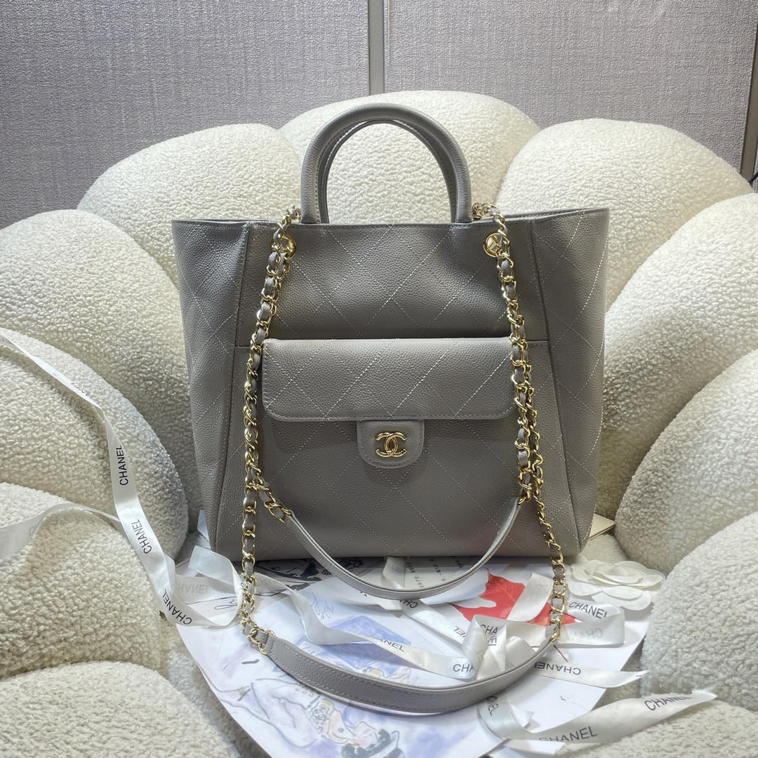 Chanel Shopping Bag Grained Calfskin & Gold-Tone Metal  AS6024 Gray