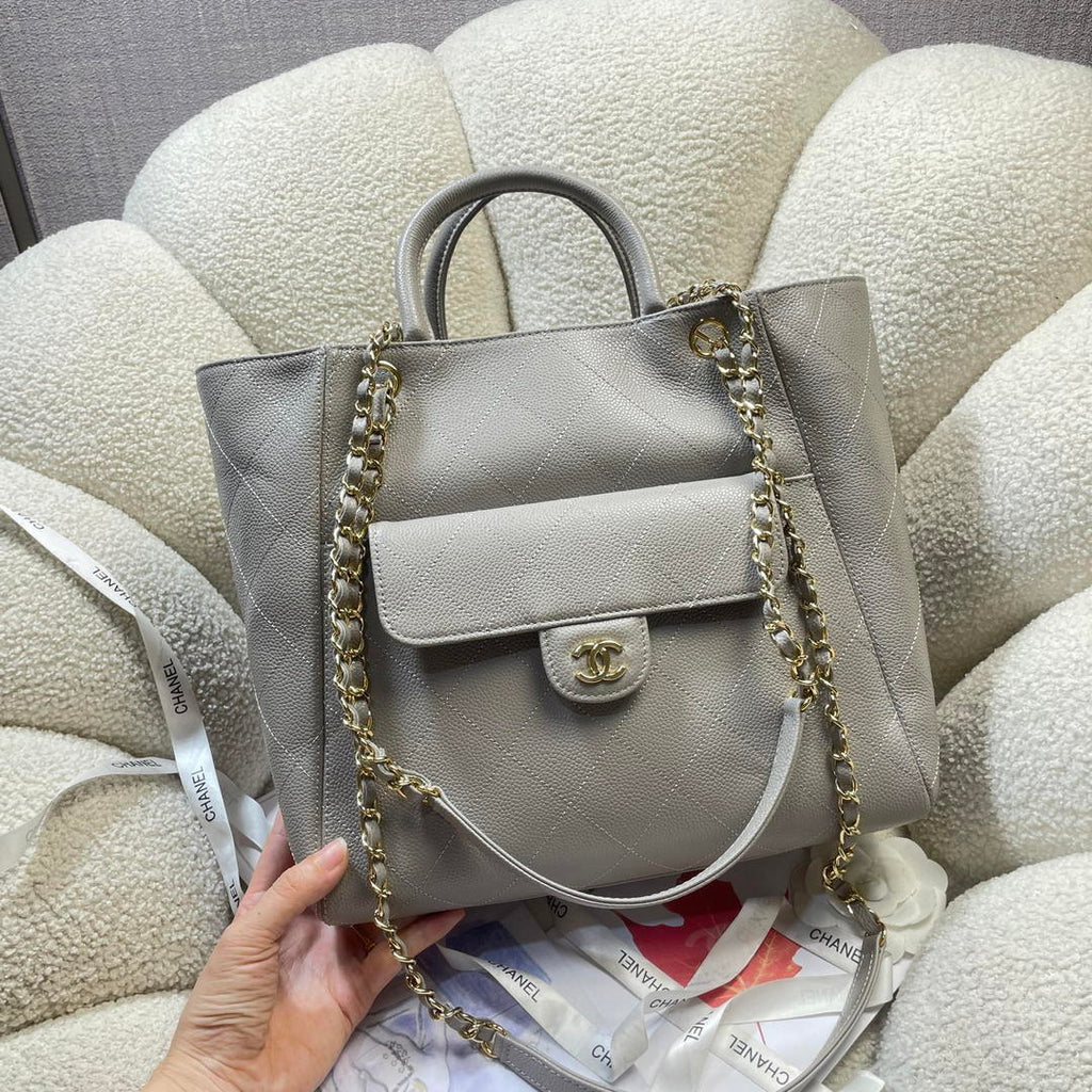 Chanel Shopping Bag Grained Calfskin & Gold-Tone Metal  AS6024 Gray