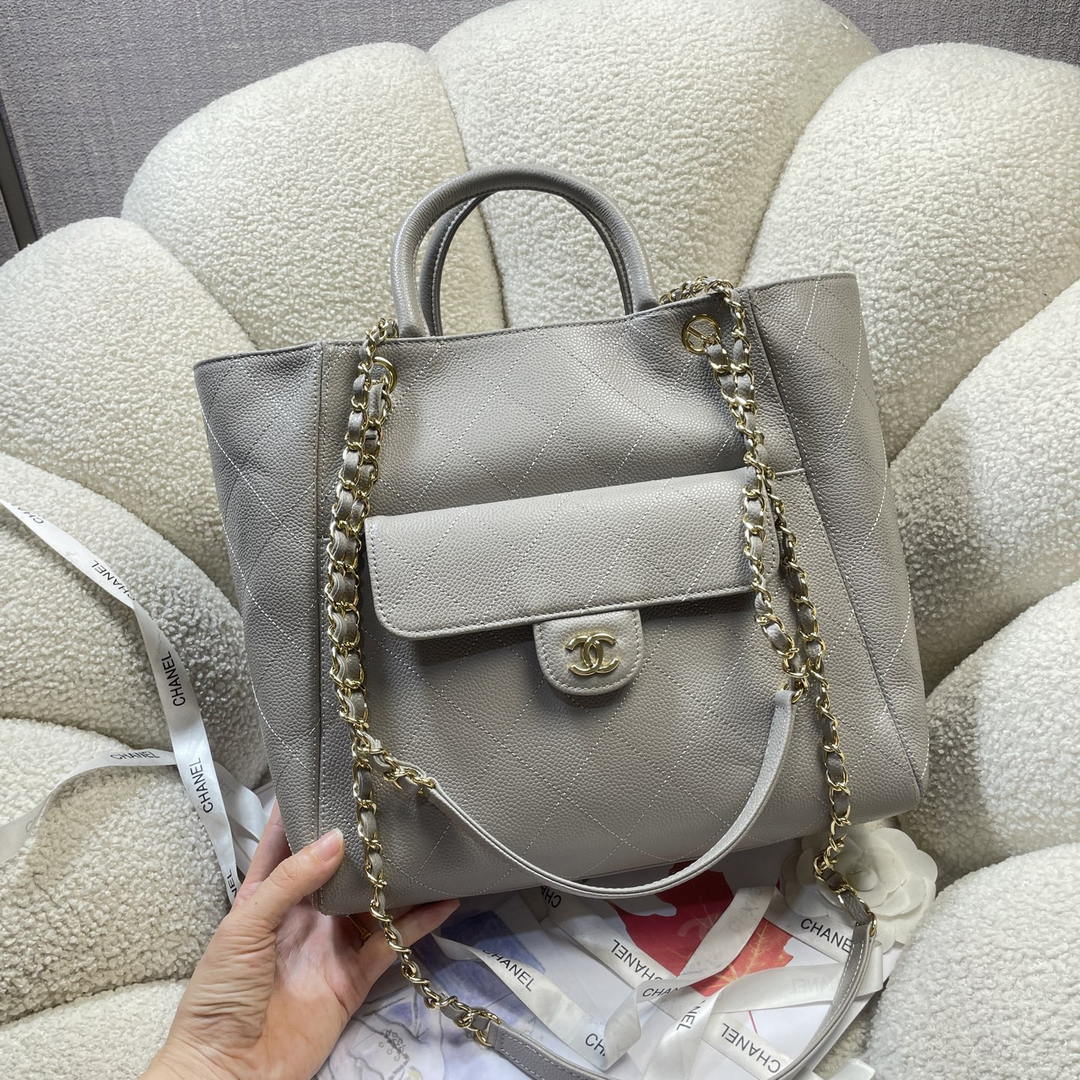 Chanel Shopping Bag Grained Calfskin & Gold-Tone Metal  AS6024 Gray