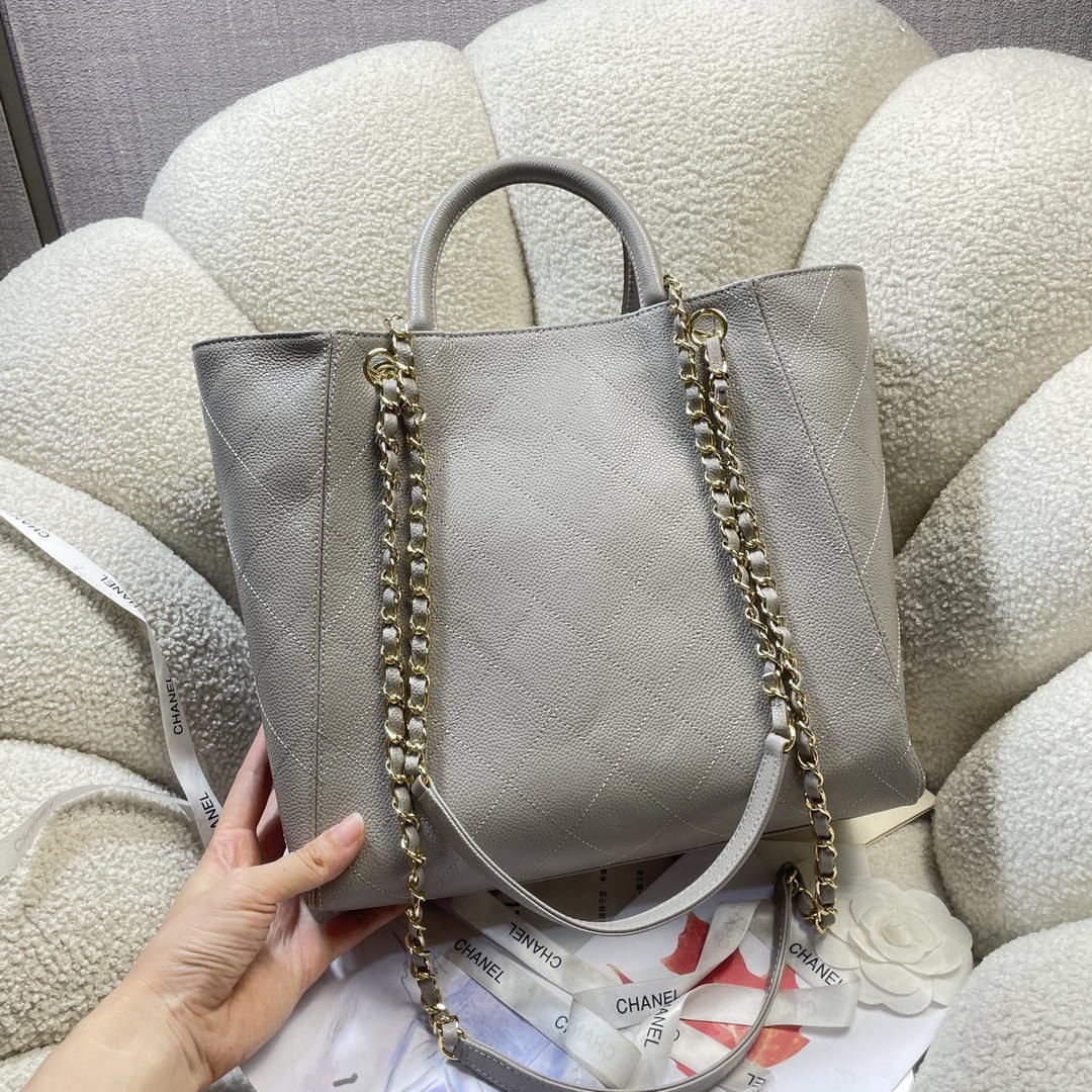 Chanel Shopping Bag Grained Calfskin & Gold-Tone Metal  AS6024 Gray