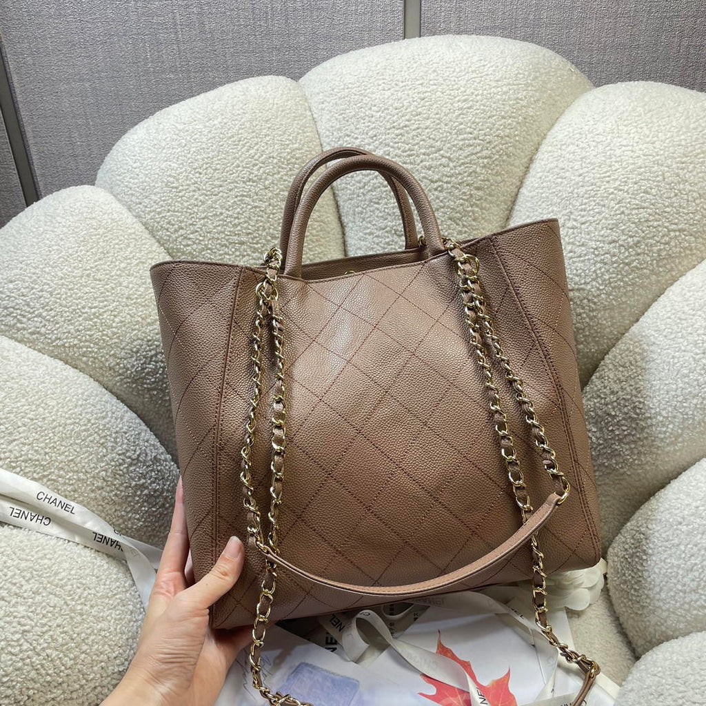 Chanel Shopping Bag Grained Calfskin & Gold-Tone Metal  AS6024 Light Brown