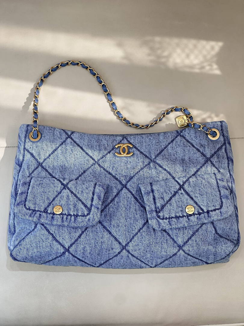 Chanel Shopping Hobo Bag 25K Denim Canvas AS5740 Blue