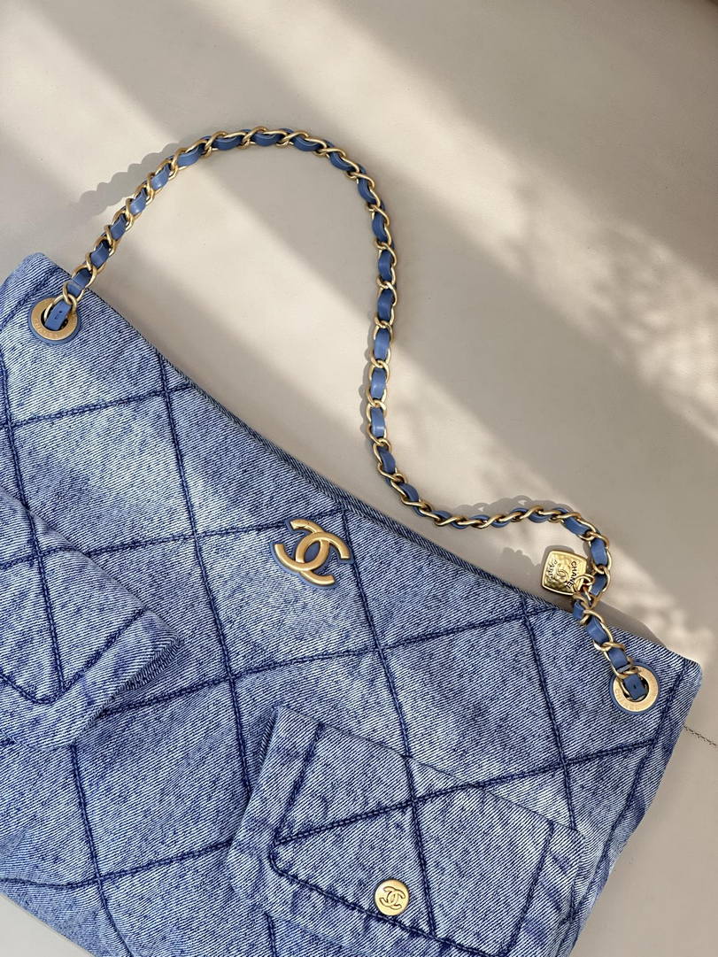 Chanel Shopping Hobo Bag 25K Denim Canvas AS5740 Blue