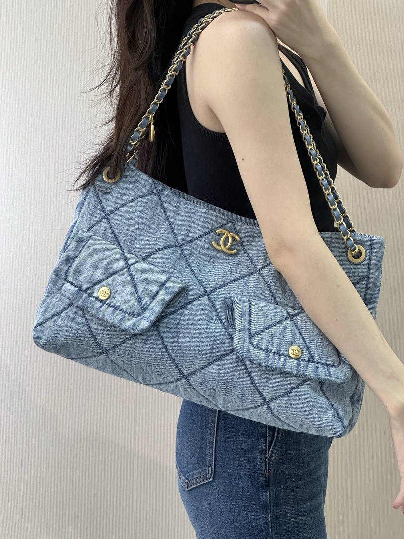 Chanel Shopping Hobo Bag 25K Denim Canvas AS5740 Blue