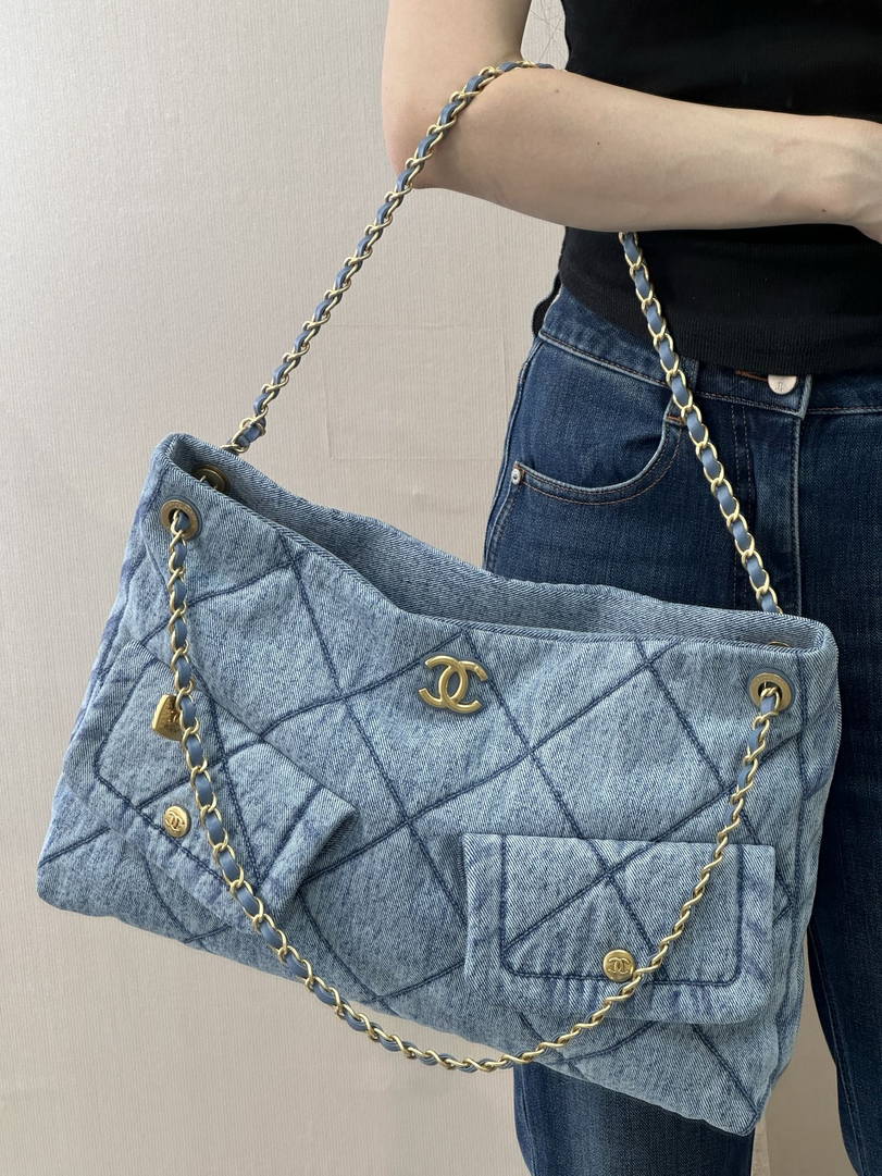 Chanel Shopping Hobo Bag 25K Denim Canvas AS5740 Blue