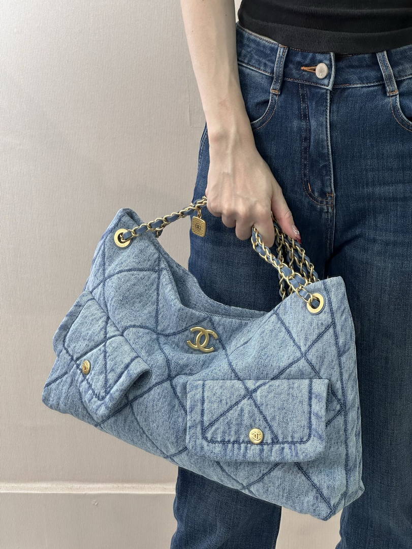 Chanel Shopping Hobo Bag 25K Denim Canvas AS5740 Blue