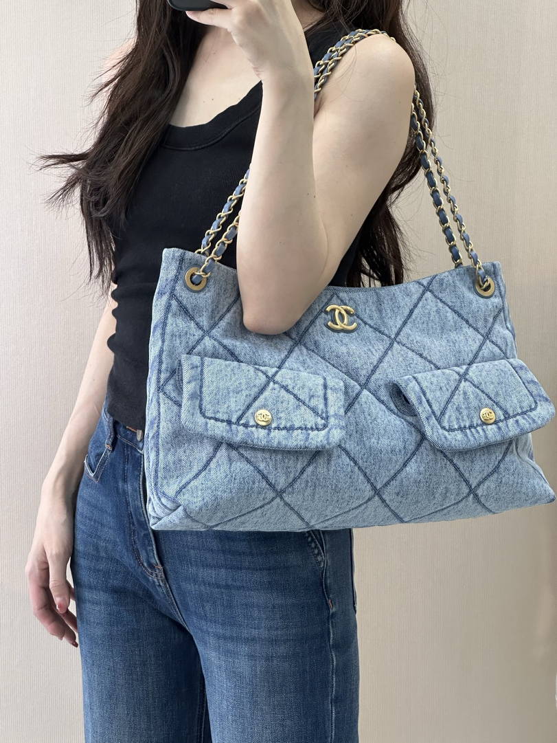 Chanel Shopping Hobo Bag 25K Denim Canvas AS5740 Blue
