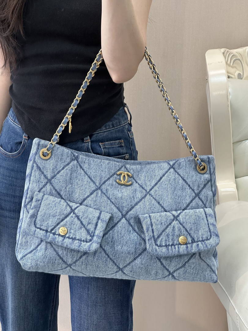 Chanel Shopping Hobo Bag 25K Denim Canvas AS5740 Blue