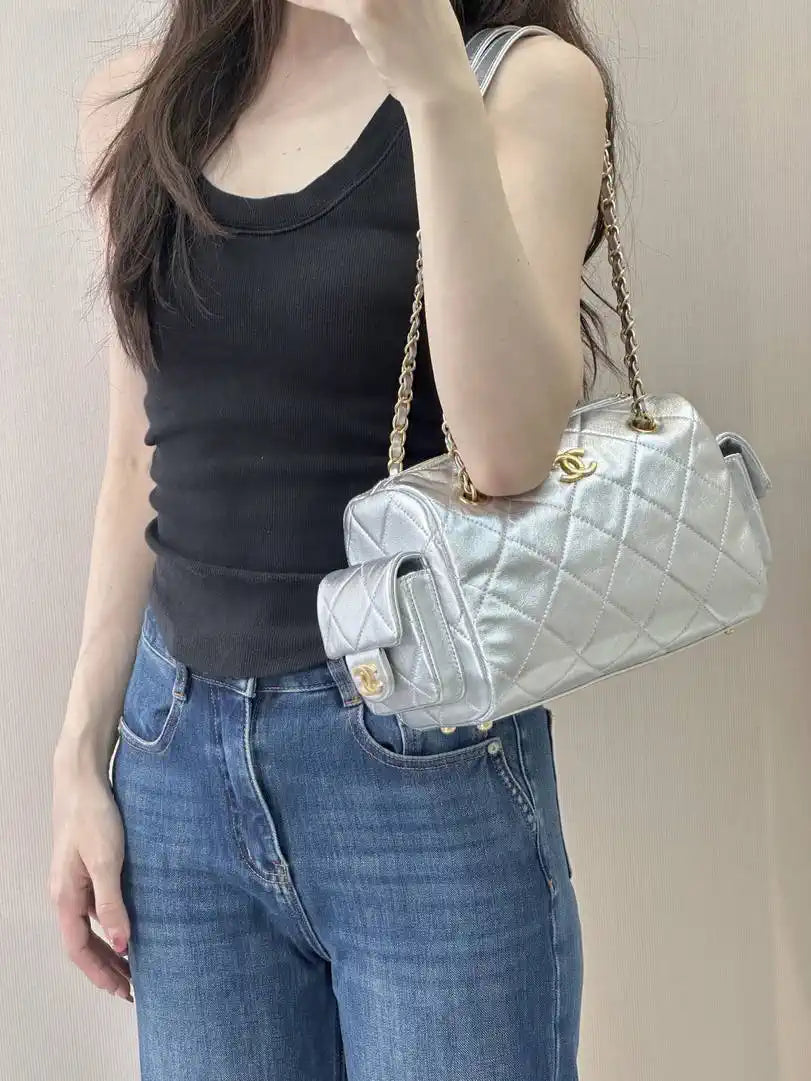 Chanel Small Bowling Bag Calfskin Leather AS5792 Silver