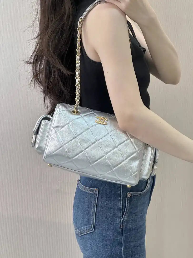 Chanel Small Bowling Bag Calfskin Leather AS5792 Silver