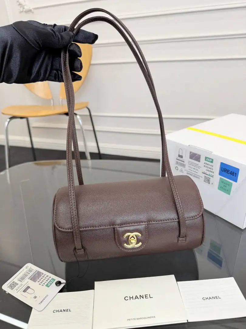 Chanel Small Bowling Bag Grained Shiny Calfskin AS6143 Dark Brown - Default Title - View 1