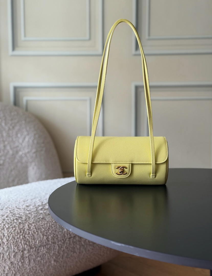Chanel Small Bowling Bag Grained Shiny Calfskin & Gold-Tone Metal AS6143 Yellow - Default Title - View 1