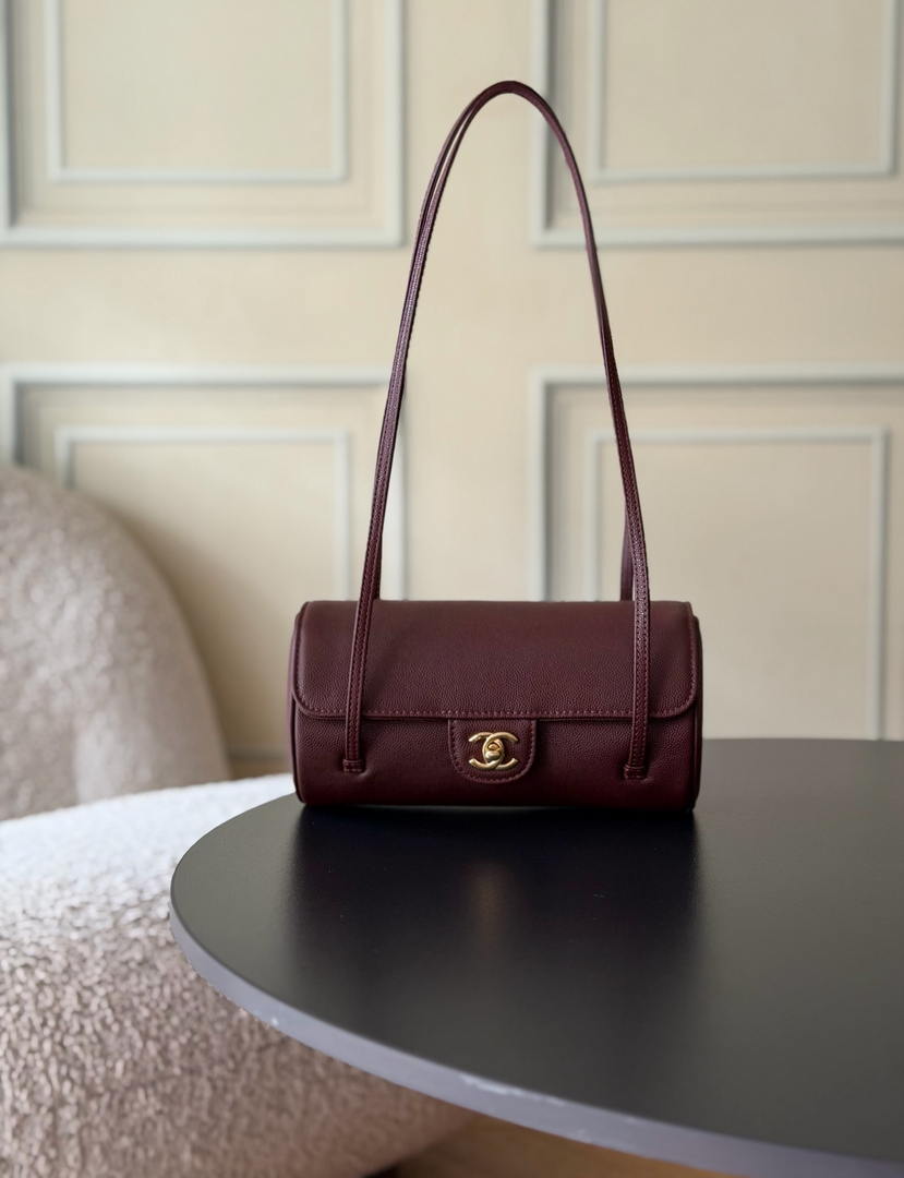 Chanel Small Bowling Bag Grained Shiny Calfskin & Gold-Tone Metal AS6143 Wine Red