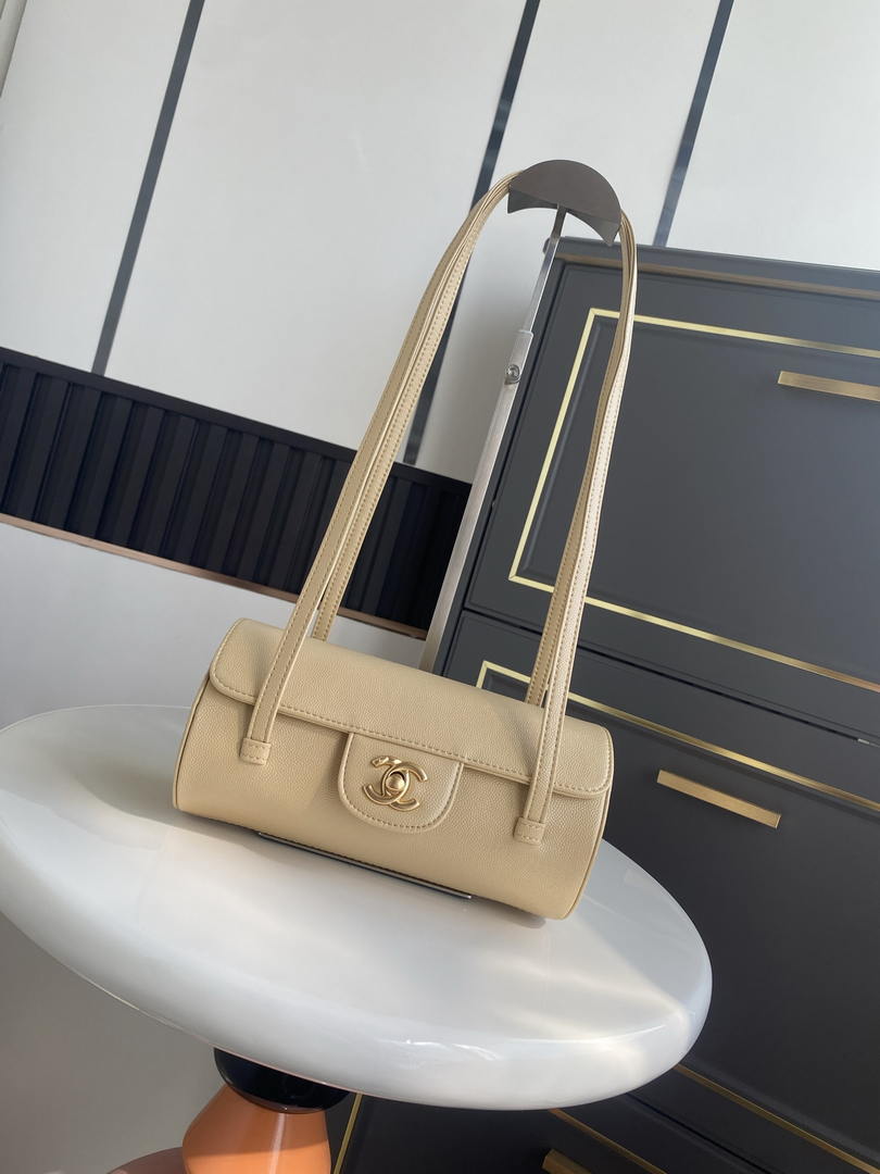Chanel Small Bowling Bag Grained Shiny Calfskin & Gold-Tone Metal AS6143 Dark Beige
