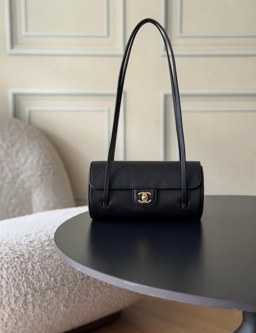 Chanel Small Bowling Bag Grained Shiny Calfskin & Gold-Tone Metal AS6143 Black