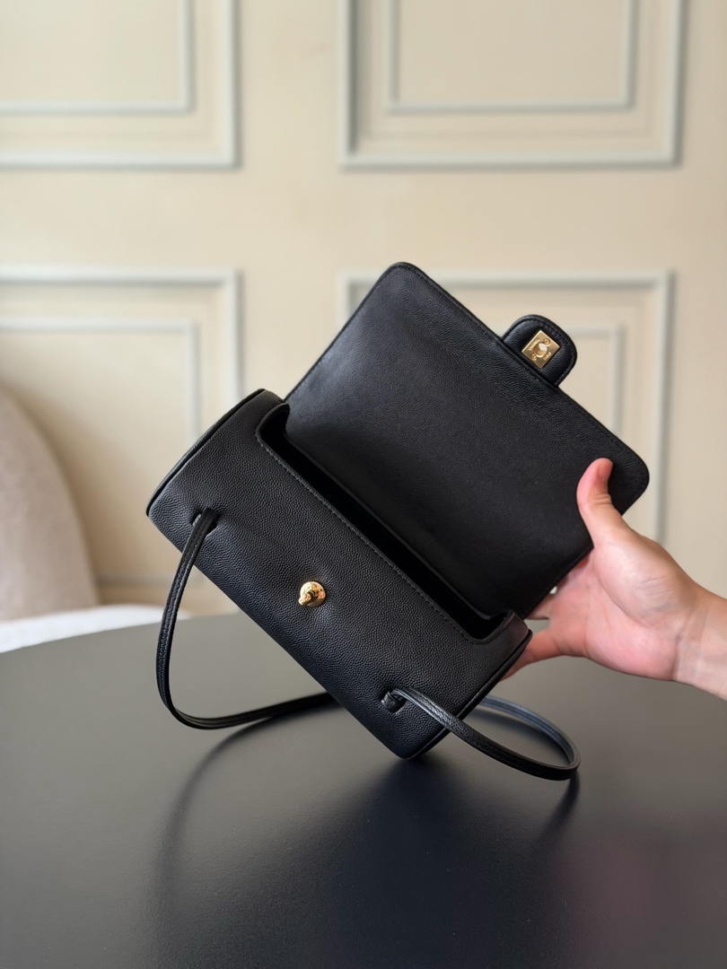 Chanel Small Bowling Bag Grained Shiny Calfskin & Gold-Tone Metal AS6143 Black