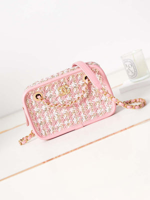 Chanel AS3768 Small Camera Case Lambskin Viscose Weaving Pink & White Gold - Default Title - View 1