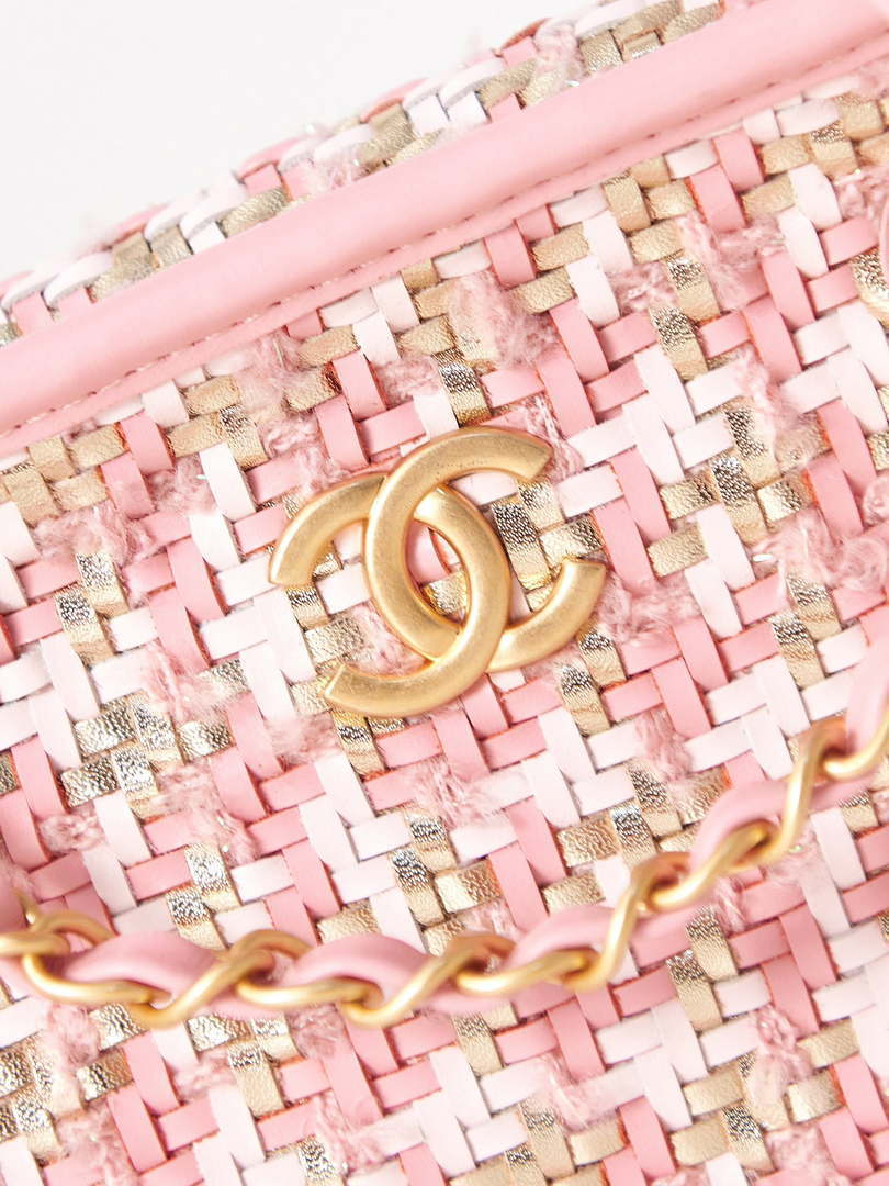 Chanel AS3768 Small Camera Case Lambskin Viscose Weaving Pink & White Gold