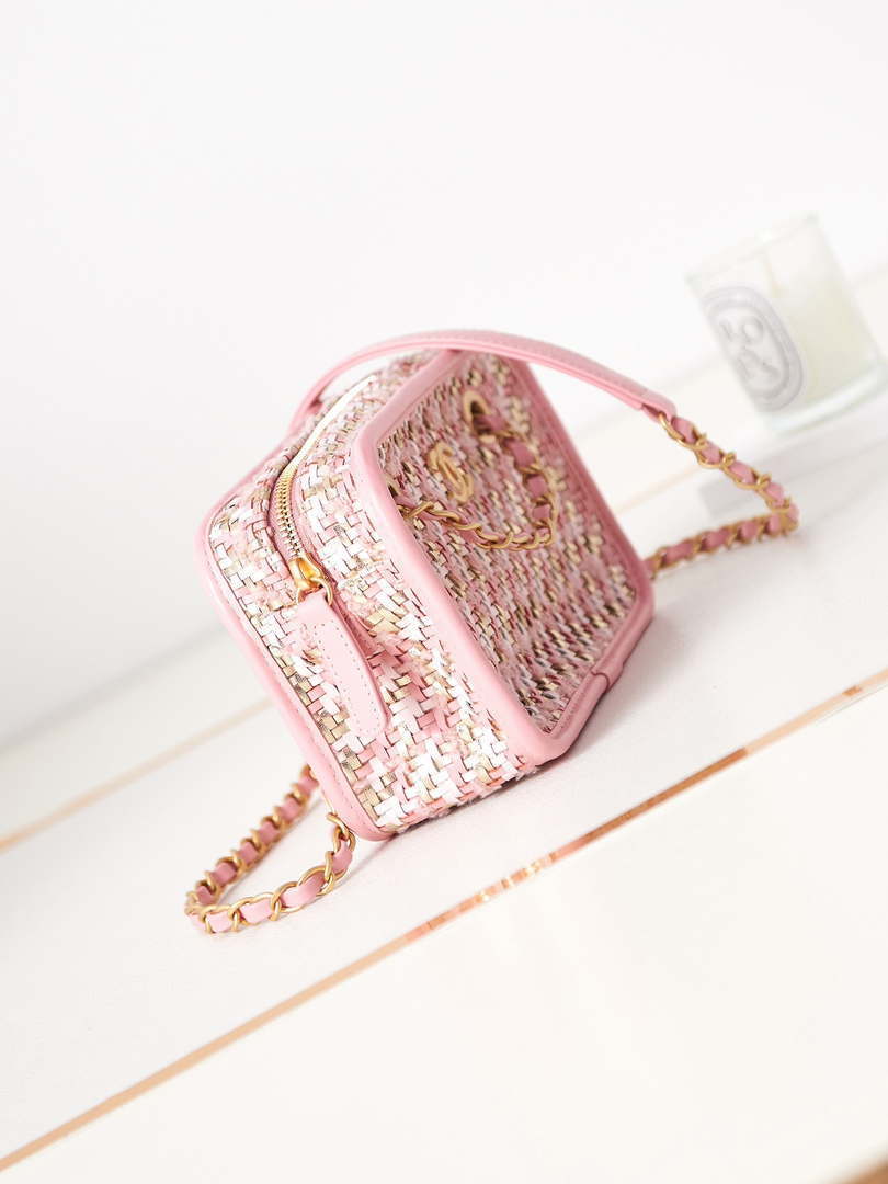 Chanel AS3768 Small Camera Case Lambskin Viscose Weaving Pink & White Gold