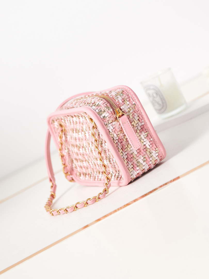 Chanel AS3768 Small Camera Case Lambskin Viscose Weaving Pink & White Gold