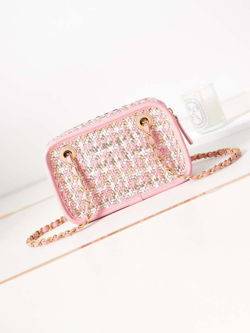 Chanel AS3768 Small Camera Case Lambskin Viscose Weaving Pink & White Gold - Default Title - View 5