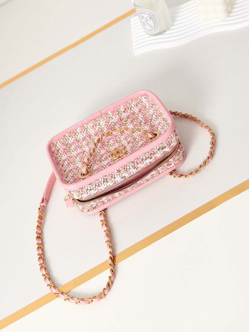 Chanel AS3768 Small Camera Case Lambskin Viscose Weaving Pink & White Gold - Default Title - View 7