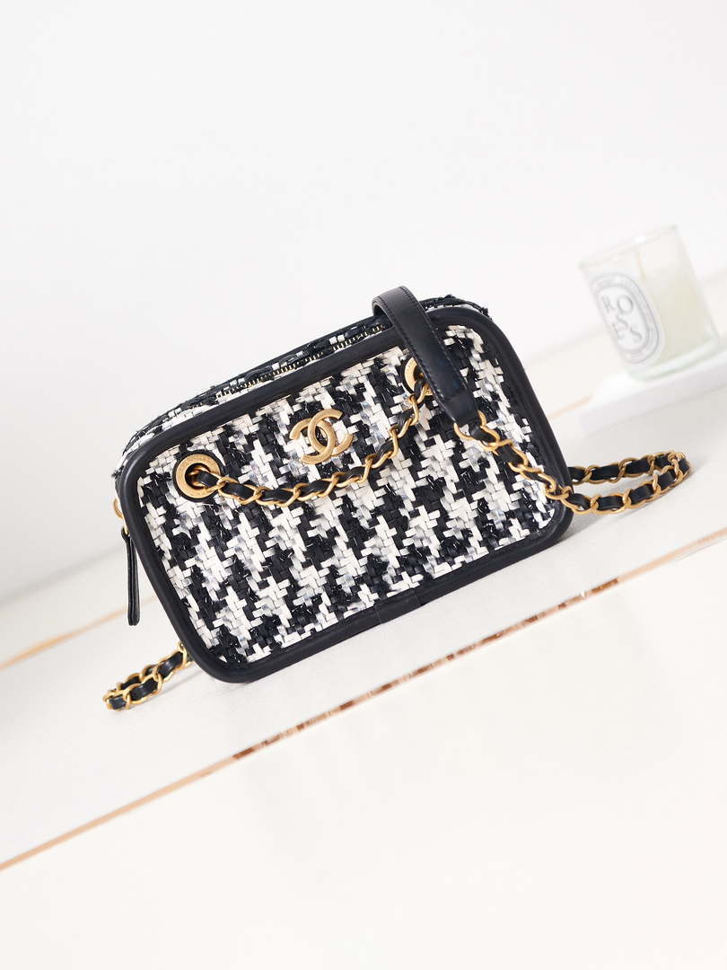 Chanel AS3768 Small Camera Case Lambskin Viscose Weaving White & Black - Default Title - View 1