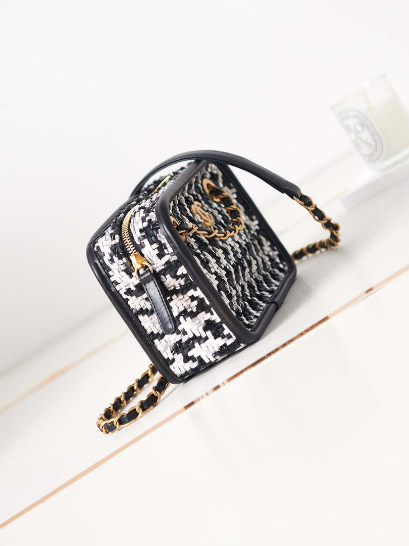 Chanel AS3768 Small Camera Case Lambskin Viscose Weaving White & Black